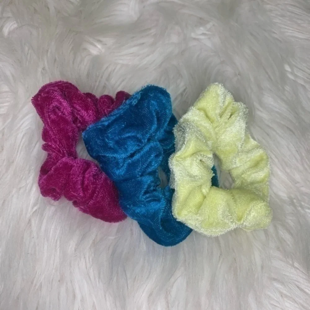 Set‎ of 3 velvet scrunchies purple, yellow & blue